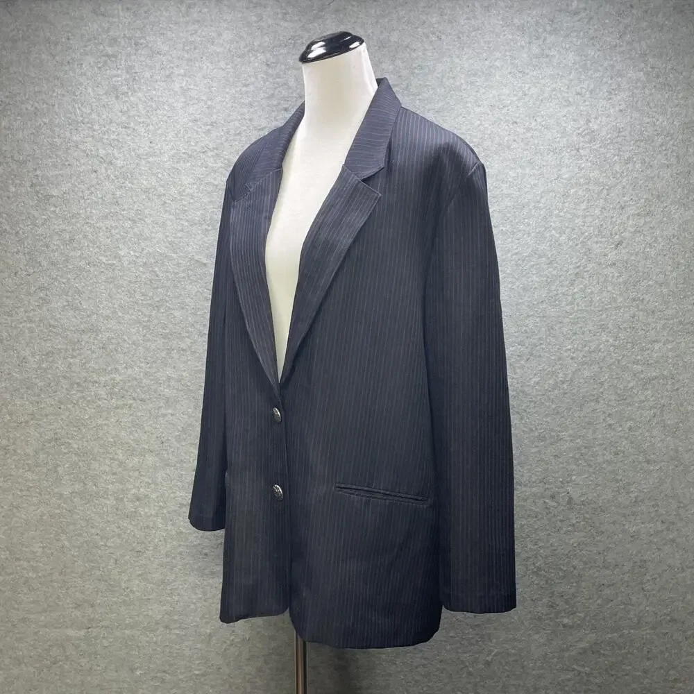 Alfred Dunner Womens 2 Piece Skirt Suit Sz 16W Navy Pinstripe USA Vintage Career